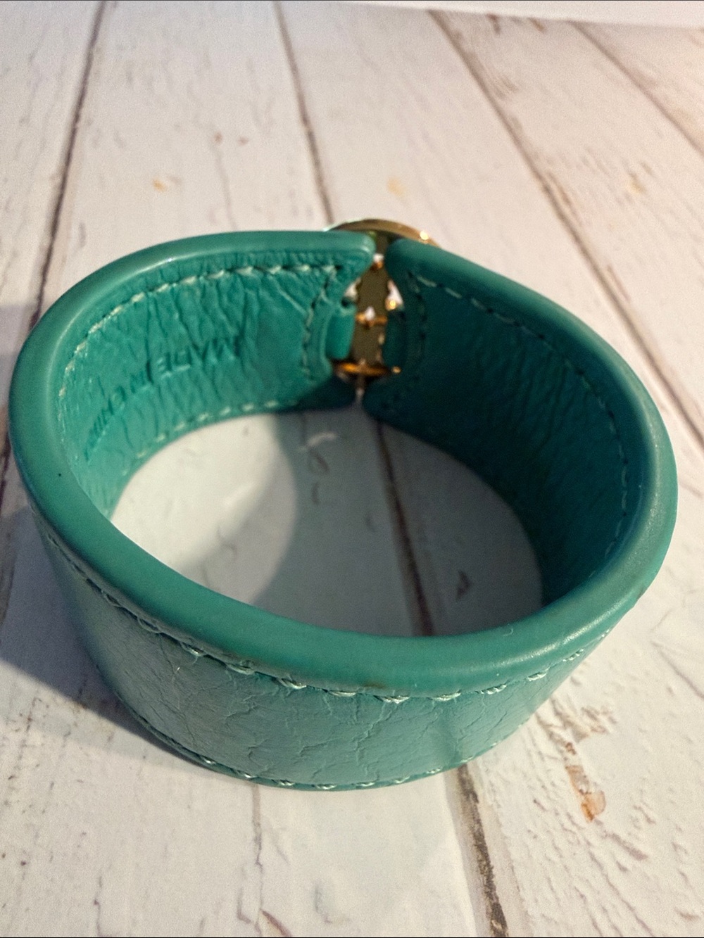 Tory Burch Teal Leather Logo Cuff with Gold Medallion - Picture 11 of 11